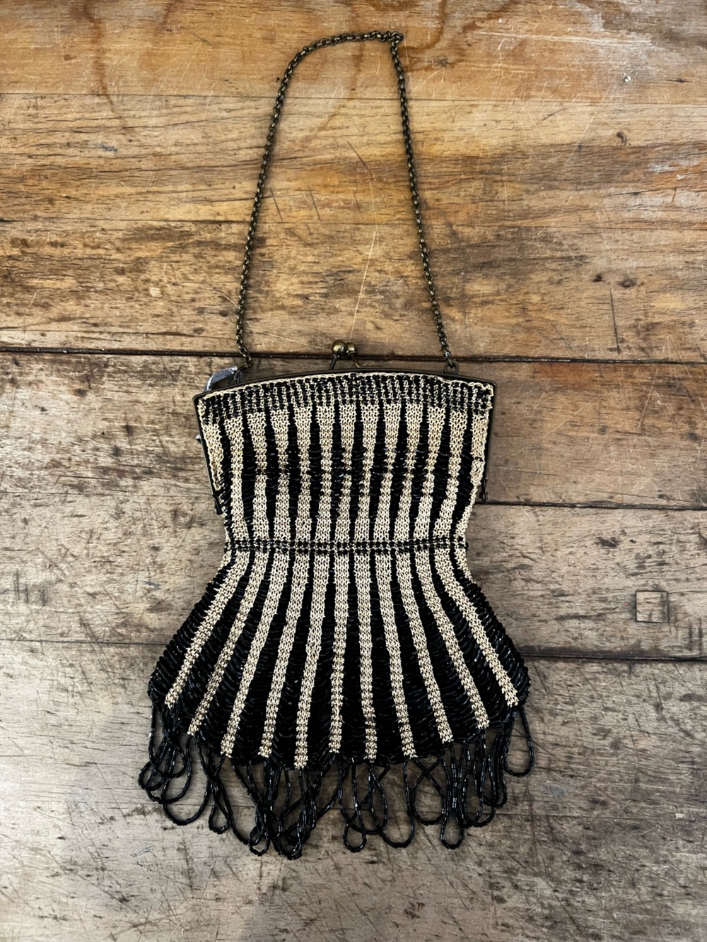 Chico's Black and Cream Beaded Fringe Evening Clutch